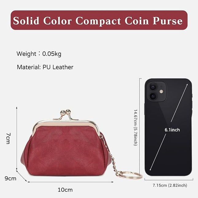 Genuine Leather Wallet Retro Kiss Lock Change Pouch Portable Coin Purse Key Case for Women Gift Box Black (Red)