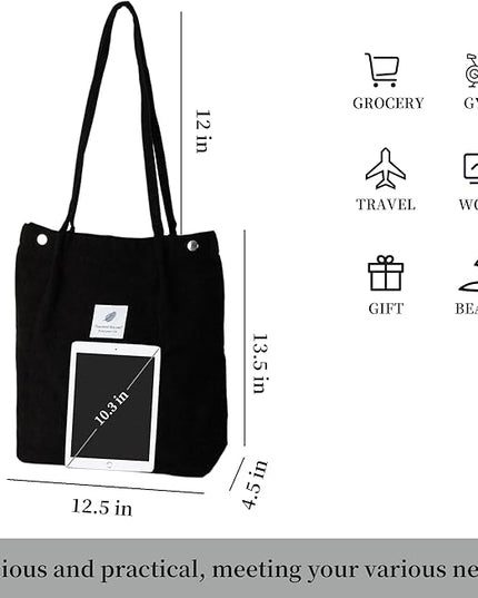Corduroy Tote Bag Cute Tote Bags for Women Shoulder Bag with Inner Pocket for Work Beach Travel and Shopping Grocery