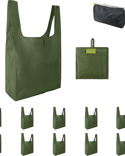 BeeGreen Green Reusable Grocery Bags Wholesale Green Reusable Kitchen Bags Bulk Foldable-Machine Washable with Zipper Storage Pouch 10 Packs