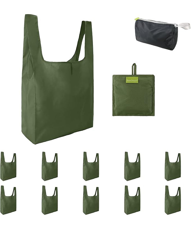 BeeGreen Green Reusable Grocery Bags Wholesale Green Reusable Kitchen Bags Bulk Foldable-Machine Washable with Zipper Storage Pouch 10 Packs