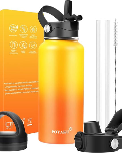 Water Bottle Insulated 32oz 40oz 64oz 128oz Straw Lid Spout Lid & 3 Lids, Leak Proof, Vacuum Insulated,Stainless Steel Water Bottle Wide Mouth for Sports, Gym or Office