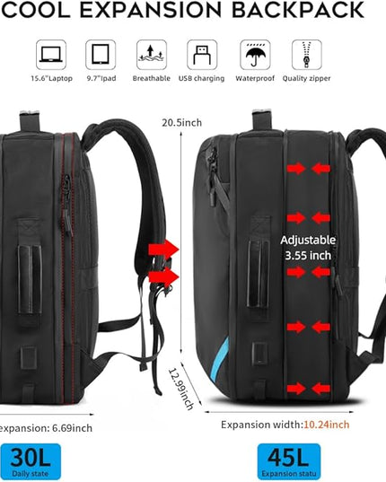 Vacuum Compression Backpack with Pump, Extra Large Capacity 45L Expandable Travel Backpack, Water Resistant 17.3" Laptop Backpack with USB Charging Port for Men & Women