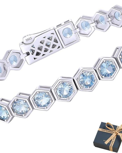 Birthstone Tennis Bracelets for Women Birthday Gifts 925 Sterling Silver Hexagon White Gold Bracelets Round Cut 5A Cubic Zirconia Prong Setting 7 Inch Anniversary Jewelry Gift
