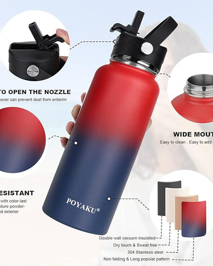 Water Bottle Insulated 32oz 40oz 64oz 128oz Straw Lid Spout Lid & 3 Lids, Leak Proof, Vacuum Insulated,Stainless Steel Water Bottle Wide Mouth for Sports, Gym or Office