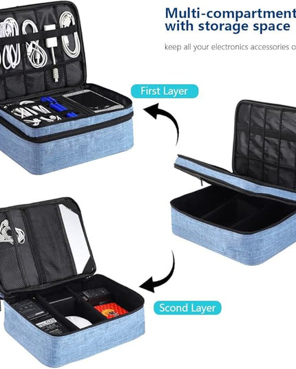 Travel Electronics Organizer, Waterproof Cable Organizer Bag for Electronic Accessories Double Layer Large Shockproof Cable Storage Bag for Cord, Power Bank, Tablet(Up to iPad 11 inch) - Denim blue