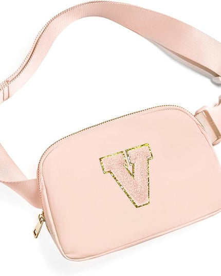 Gitus Gifts for 8 9 10 11 12 Year Old Girls Belt Bag Fanny Pack Crossbody Bags with Initial Letter Patch Cute Stuff Birthday Gifts for Teen Girls Women Personalized Trend Stuff (Coral Pink-V)