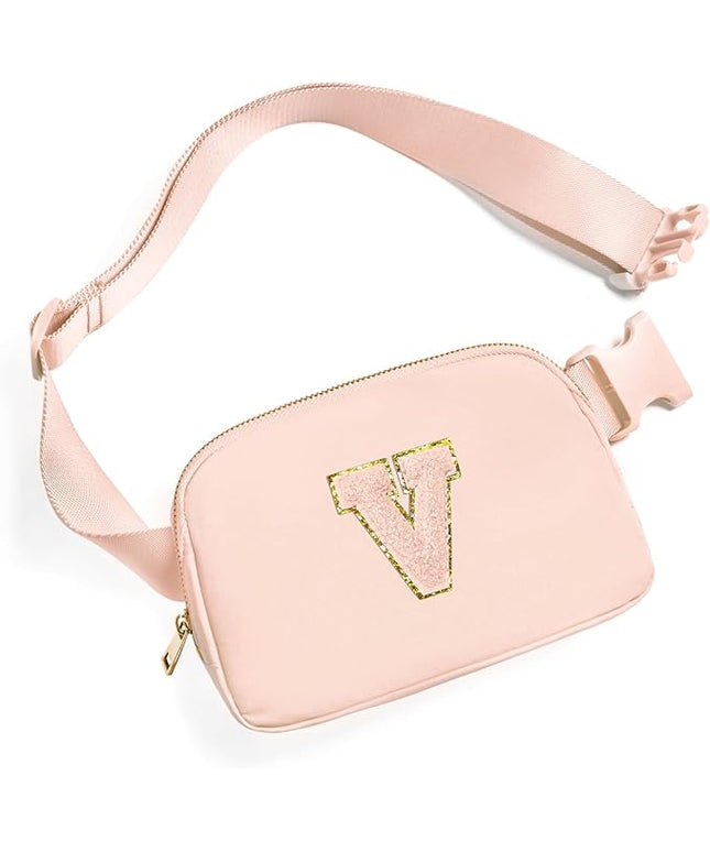 Gitus Gifts for 8 9 10 11 12 Year Old Girls Belt Bag Fanny Pack Crossbody Bags with Initial Letter Patch Cute Stuff Birthday Gifts for Teen Girls Women Personalized Trend Stuff (Coral Pink-V)