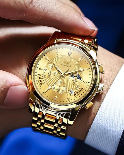 OLEVS Men's Luxury Watch Waterproof Luminous Easy Read Chronograph Watches Full Gold/White Dail/Black Face with Calendar Wristwatch