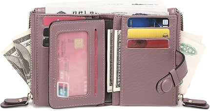 AOXONEL Women's Wallets Leather Wallets for Women Rfid Small Ladies Wallet Billfolds for Women,Trifold Mini Wallets for Women with Double Zipper Coin Pocket (Purple)
