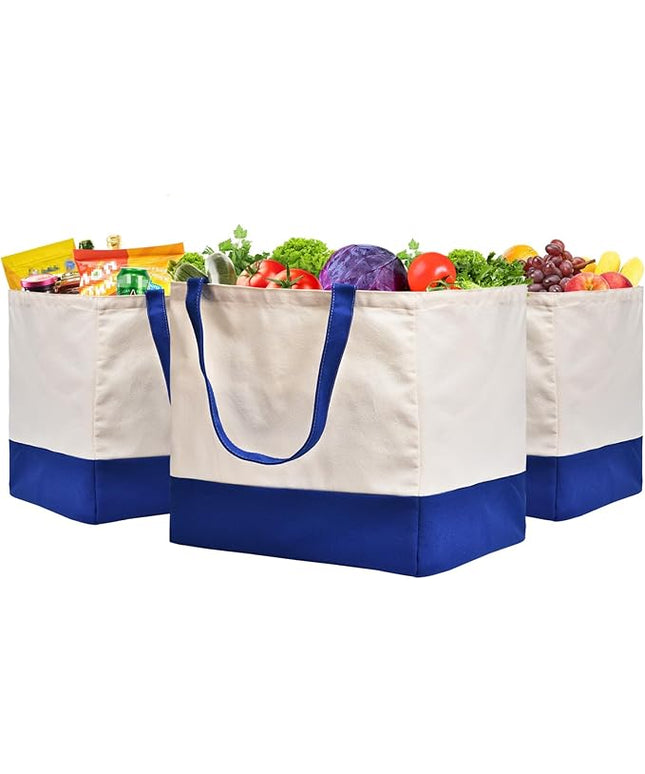 3 Pack Canvas Reusable Grocery Bags Heavy Duty, 8.3 gal Foldable Large Tote Bag with Handles, Holds 60 lbs Canvas Shopping Bags & Washable Eco-friendly Bags with 5 Pockets, Blue+Off White