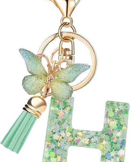 Fashion Alphabet Initial Letter Keychain Tassel Butterfly Pendant Key Ring for Purse Handbags Women Girl