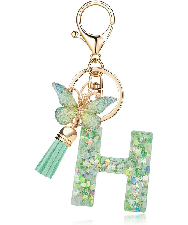 Fashion Alphabet Initial Letter Keychain Tassel Butterfly Pendant Key Ring for Purse Handbags Women Girl