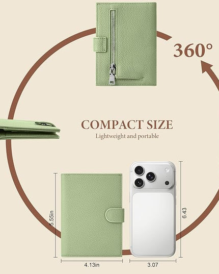 Genuine Leather Passport Holder for Women Men, Hidden Airtag Pocket, RFID Blocking, Zippered Coins Pocket & Cash Compartment Travel Gifts Essentials Passport Cover Case - Light Green