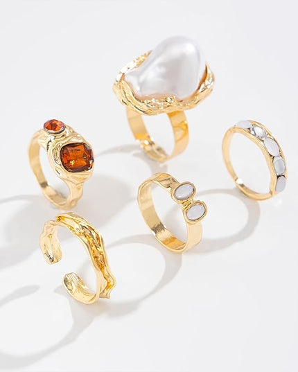Chunky Gold Rings for Women Non Tarnish Statement Flower Ring Baroque Pearl Stackable Rings Set 6Pcs Chunky Jewelry
