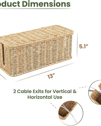 Cable Management Box, Handmade Rattan Cable Organizer with 2 Open Slots, Cord Hider for Power Strip, Router & USB Hub, Registered U.S. Design Patent (D1,112,102), 13" x 5.1" x 5.1", Natural