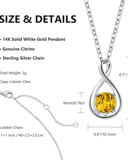 FANCIME 14K Solid Gold Birthstone Pendant with Sterling Silver Chain Infinity Gemstone Necklace Fine Jewelry Anniversary Birthday Christmas Gifts for Women Wife Her