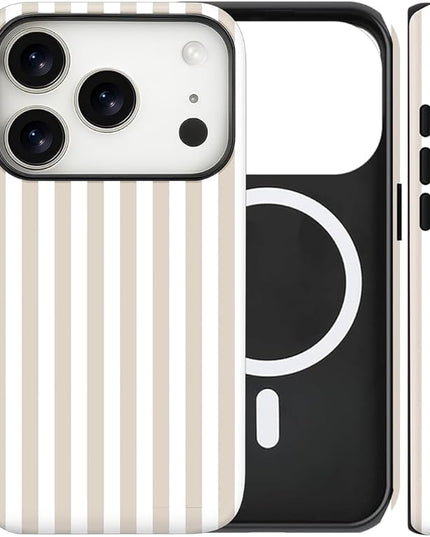 Magnetic for iPhone 17 Pro Max Case Cute Stripes Phone Case, Shockproof Slim TPU and Hard PC Protective Phone Cover Compatible with MagSafe Designed for Women Girls, Apricot