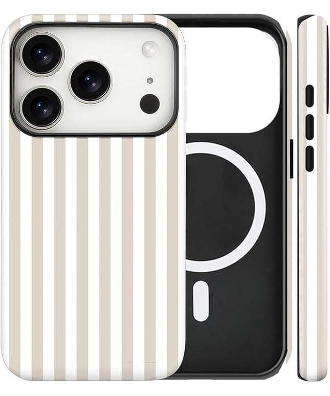 Magnetic for iPhone 17 Pro Max Case Cute Stripes Phone Case, Shockproof Slim TPU and Hard PC Protective Phone Cover Compatible with MagSafe Designed for Women Girls, Apricot