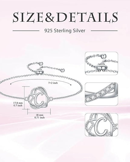 TOUPOP Gifts for Women Heart Initial Bracelet 925 Sterling Silver Double Heart Bracelet Birthday Jewelry Birthday Christmas Gifts for Her Wife Girlfriend