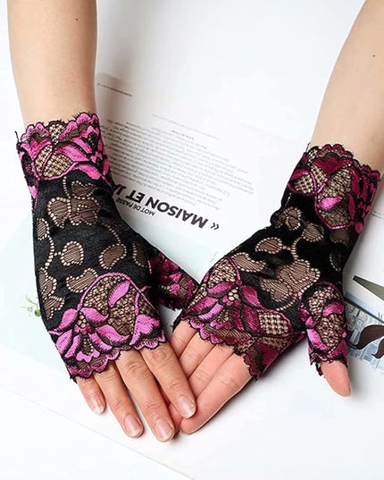 Women's Short Lace Gloves Fingerless for Driving Wedding Wrist Length Bridal Prom Gloves