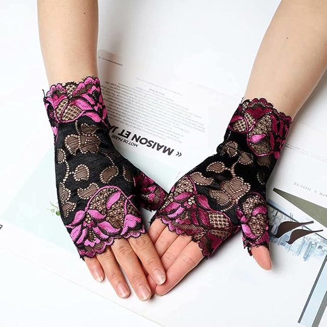 Women's Short Lace Gloves Fingerless for Driving Wedding Wrist Length Bridal Prom Gloves