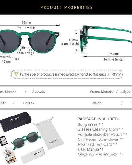 Gleyemor Vintage Polarized Sunglasses for Men Round Sunglasses UV400 Protection Retro Hand-crafted Acetate Frame