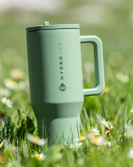 HydroJug Traveler - 32 oz Water Bottle with Handle & Flip Straw - Fits in Cup Holder, Leak Resistant Tumbler-Reusable Insulated Stainless Steel & Rubber Base - Gifts for Women & Men, Sage | with Handle, Flip Straw, Fits in Cup Holder, Leak Resistant, T...