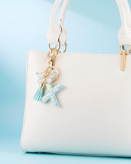 Fashion Alphabet Initial Letter Keychain Tassel Butterfly Pendant Key Ring for Purse Handbags Women Girl