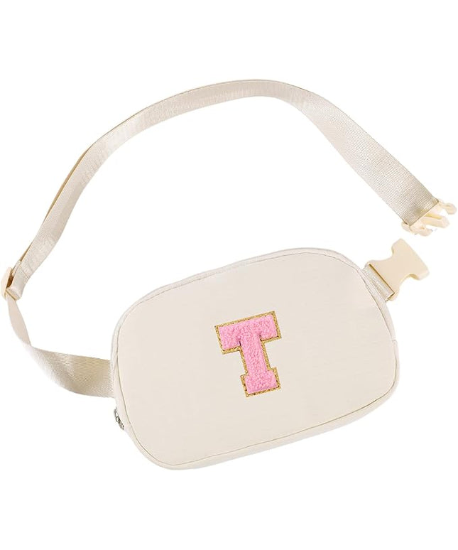 Glratn Initial Letter Fanny Pack for Girls,Patch Belt Bag,Toddler Crossbody Bags，Gifts for 3 4 5 6 7 8 9 10 11 37 Year Old Teens Kids,Christmas Graduation Gifts for Teen Girls ，(Beige-T)