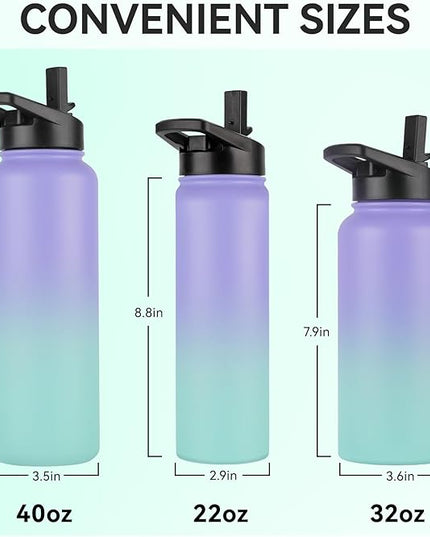 DOMICARE 40 oz Insulated Water Bottle, Vacuum Insulated Stainless Steel Sports Water Bottle with Straw Lid & Spout Lid, Leakproof, Reusable - Travel, Camping, Bike, Purple Green Gradient