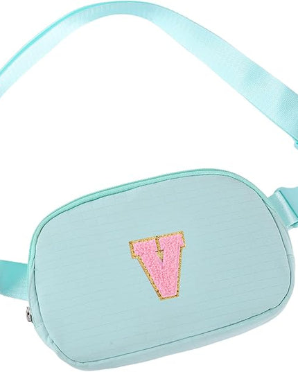 Glratn Initial Letter Fanny Pack for Girls,Patch Belt Bag,Toddler Crossbody Bags，Gifts for 3 4 5 6 7 8 9 10 11 12 Year Old Teens Kids,Christmas Graduation Gifts for Teen Girls ，(Light green-V)