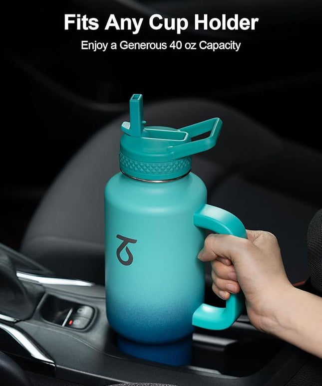 Trebo 40 oz Water Bottle Insulated Fit Car Cup Holder with Handle, Stainless Steel Retro Bottles Tumbler with Straw Lids, Vacuum Double Wall,Keep 24hrs Cold,Leakproof Reusable Travel Flask
