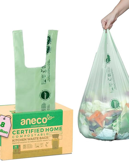 ANECO 8 Gallon Compostable Kitchen Food Waste Bags with Handles (30 Count), Leak-proof Compost Bags for Tall Kitchen Bin, Large 8 Gallon Bags Certified by BPI & OK Compost HOME