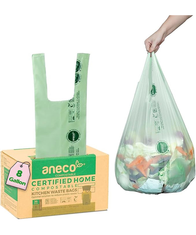 ANECO 8 Gallon Compostable Kitchen Food Waste Bags with Handles (30 Count), Leak-proof Compost Bags for Tall Kitchen Bin, Large 8 Gallon Bags Certified by BPI & OK Compost HOME
