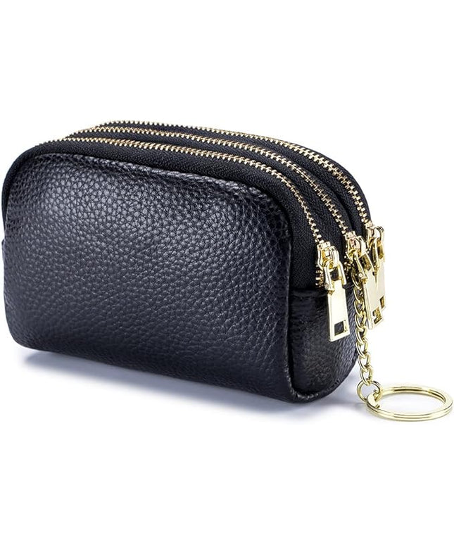LINNO 3 Zippered Genuine Leather Coin Purse Triple Capacity Change Pouch Little Travel Wallet With Key Ring for Women
