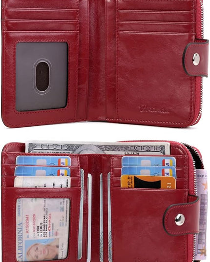 BOSTANTEN Leather Wallets for Women RFID Blocking Zipper Pocket Small Bifold Wallet Card Case Wine Red
