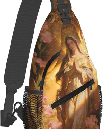 Our Lady of Guadalupe Sling Bag Crossbody Bags Clovers Chest Bag for Travel Hiking for Men Women Golden Mary 7