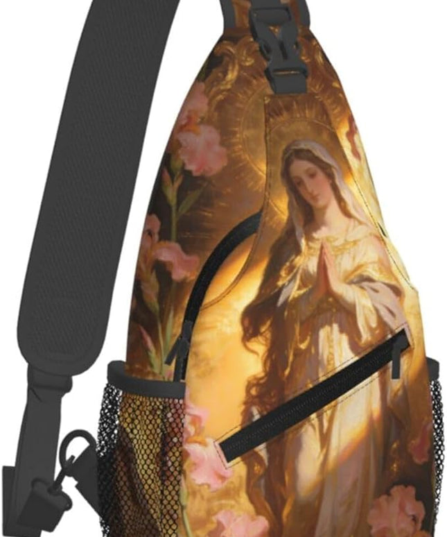 Our Lady of Guadalupe Sling Bag Crossbody Bags Clovers Chest Bag for Travel Hiking for Men Women Golden Mary 7