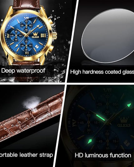 OLEVS Men's Chronograph Leather Watch, Big Face Easy to Read Analog Quartz Dress Watch, Casual Waterproof Luminous Hands Date Watches for Men, White/Blue/Black/Gold Dial