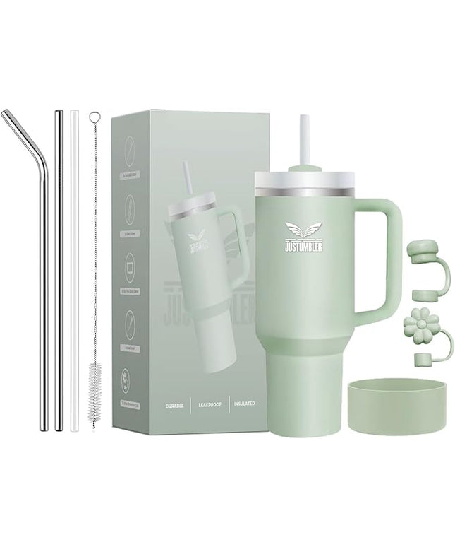40 Oz Insulated Tumbler with Handle and Straw, Stainless Steel Coffee Travel Mug with Lid, Leak Proof Water Bottle with Accessories, Matcha Cream