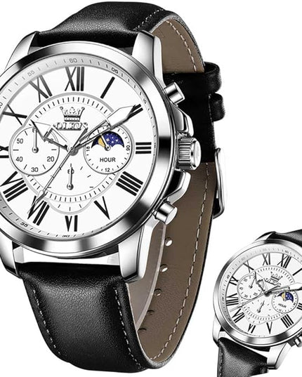 OLEVS Men's Watches Leather Strap Analog Quartz Watch, Fashion Big Dial Date Waterproof Watch, Dress Luxury Luminous Men Watches