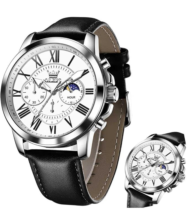 OLEVS Men's Watches Leather Strap Analog Quartz Watch, Fashion Big Dial Date Waterproof Watch, Dress Luxury Luminous Men Watches