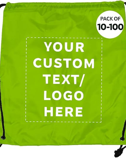 DISCOUNT PROMOS Custom Classic Polyester Drawstring Bagpack Set of 10/50/100, Personalized Bulk Pack - Great for Travelling, Gym and for Everyday Use - Lime Green