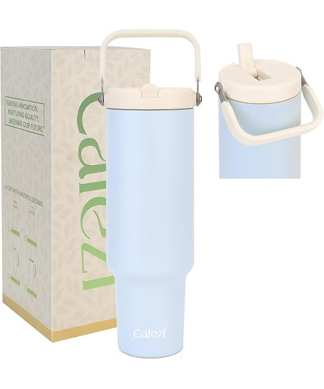 50oz Tumbler with Handle, Stainless Steel Water Bottles with Flip Straw and Top Handle, Leak Proof, Fits in Cup Holder, No Sweat, Cold for 30 Hours, Suitable for Home, Office, Outdoors, Car