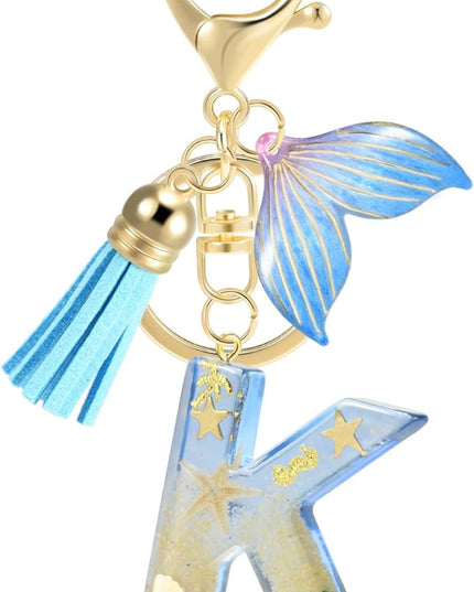 Initial letter Keychains for Women, Ocean Series Avowing Protect Earth Environment, Tassel Cute Car Keychain Initial Key Chain Keyring for Bookbag Handbag Backpack Charm Key Ring Unisex (Letter K)