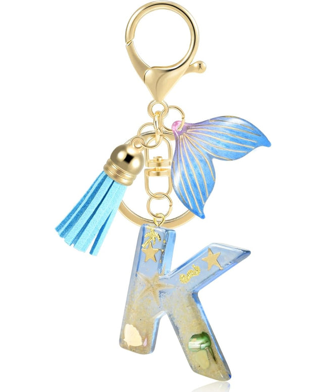 Initial letter Keychains for Women, Ocean Series Avowing Protect Earth Environment, Tassel Cute Car Keychain Initial Key Chain Keyring for Bookbag Handbag Backpack Charm Key Ring Unisex (Letter K)