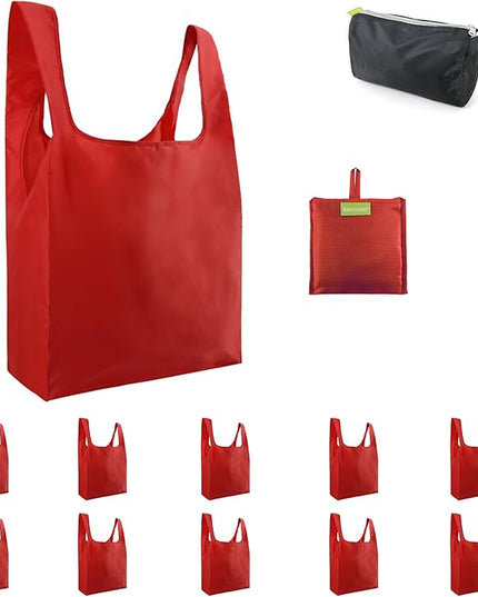 BeeGreen Christmas Red Reusable Grocery Bags with Zipper Storage Pouch 10 Packs Red Reusable Shopping Bags Bulk Foldable-Machine Washable