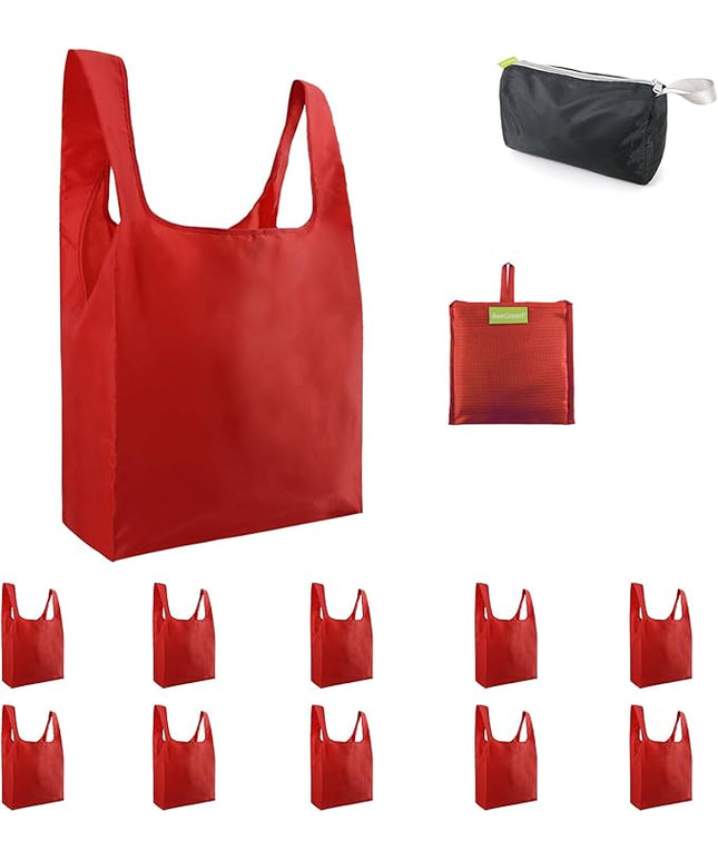 BeeGreen Christmas Red Reusable Grocery Bags with Zipper Storage Pouch 10 Packs Red Reusable Shopping Bags Bulk Foldable-Machine Washable