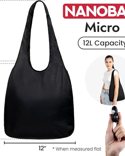 Nanobag Ultralight Foldable Tote for Women & Men, Reusable Grocery & Travel Bag, Packable Collapsible Compact Market Essential (Micro Black)