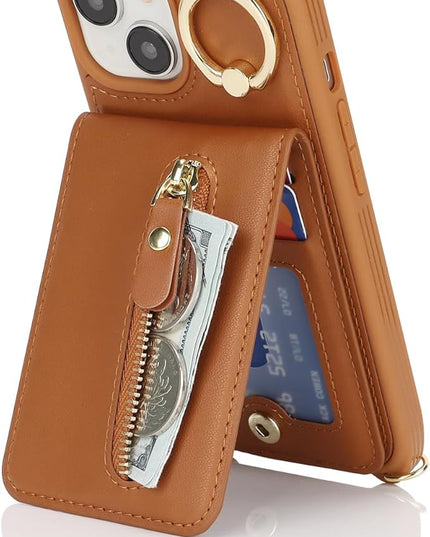 for iPhone 15 Wallet Case with Card Holder, for iPhone 15 Case Wallet with Strap Credit Card Slot, Crossbody Bag with Zipper Case for iPhone15 - Brown